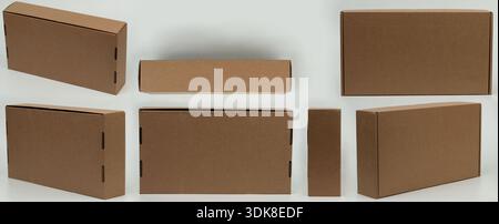 Recycled paper brown box isolated different views side top front on studio background Stock Photo