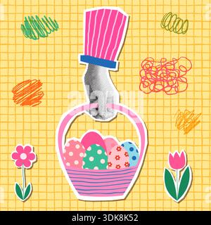Cute vector Easter collage greeting card half tone style hand holding a basket with painted eggs Stock Vector