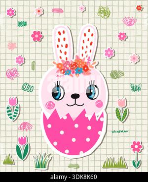 Cute fun pink vector bunny in an egg, Funny cartoon Easter animal illustration design background Stock Vector