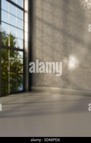 Sunlight creates soft shadows through window panes on a blank wall and floor. 3d rendering Stock Photo