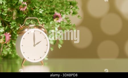 Vintage alarm clock near blooming flowers, symbolizing daylight saving time and nature in a peaceful setting. 3d rendering Stock Photo