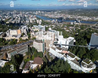 Aerial view of OHSU hilltop hospital campus with downtown Portland in the distance Stock Photo