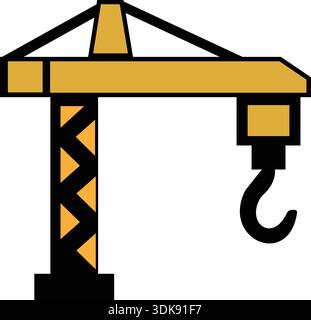 A professional yellow tower crane flat vector icon with a heavy-duty hook symbol represents construction site machinery for building projects Stock Vector