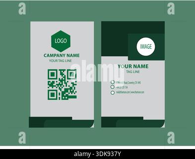 Modern vertical business card template featuring a professional green and grey color palette with integrated QR code technology Stock Vector