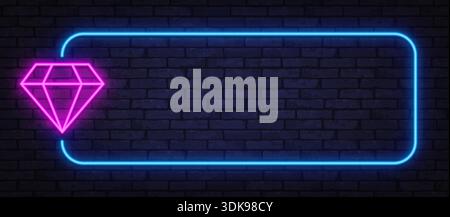 Neon diamond icon with blue glowing frame on dark wall. Luxury style highlights value, quality, or premium concept. Stock Vector