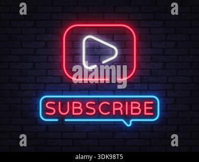 Neon subscribe button with play icon on dark brick wall. Bright glowing design attracts attention and fits video channels, streams, or social media Stock Vector
