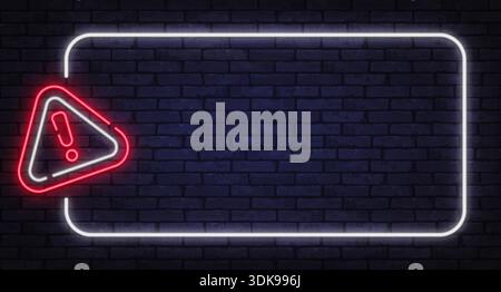 White neon frame with red warning sign on dark brick wall. Clean glowing style fits alert messages, notifications, or caution layouts. Stock Vector