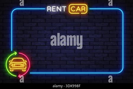 Neon rent car sign with vehicle icon on brick background. Bright colors create modern transport and travel service atmosphere. Stock Vector
