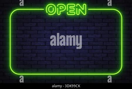 Green neon open sign with glowing border on dark wall. Clear visual signals availability, business hours, or welcome message. Stock Vector