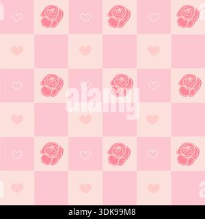 Pink plaid and roses seamless fabric design pattern Stock Vector