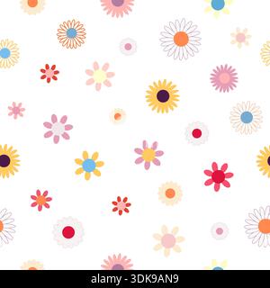 Retro colorful vibrant cute flowers. Seamless fabric design pattern Stock Vector