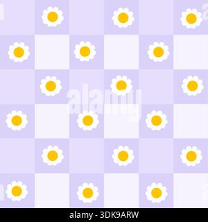 Lilac plaid with daisies seamless fabric design pattern Stock Vector