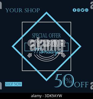 A promotional graphic for a "Cyber Monday" sale event, advertising a significant discount. Stock Vector