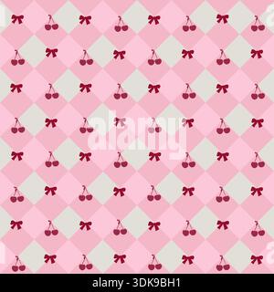 Cherry and bow tied argyle pattern plaid Valentine Day theme seamless fabric design pattern Stock Vector