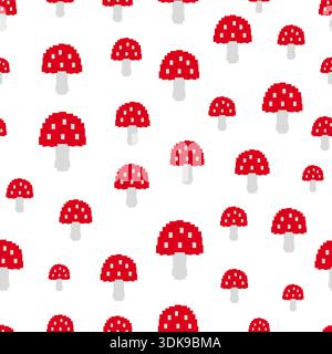 Cute pixel mushrooms seamless fabric design pattern II Stock Vector