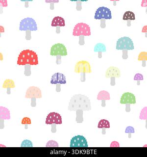 Cute colorful pixel mushrooms seamless fabric design pattern Stock Vector