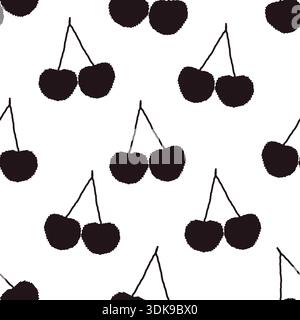 Cute black pixel cherries seamless fabric design pattern Stock Vector