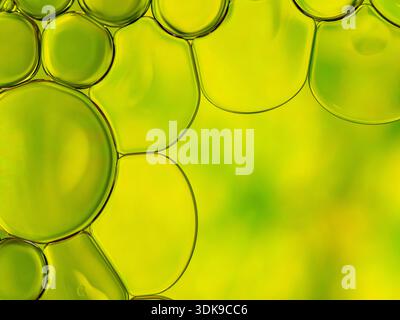 Macro view of overlapping green oil bubbles with a bright yellow glow, creating a smooth, organic pattern. Ideal for backgrounds, science themes, or v Stock Photo