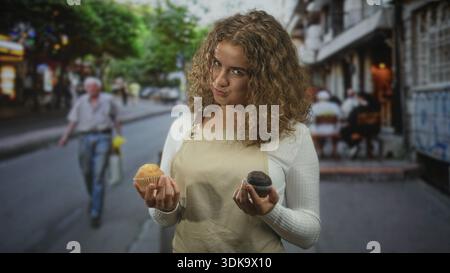 Woman with curly hair holding two muffins in both hands, wearing apron, comparing flavors while making a pensive face on a busy street; uncertainty ch Stock Photo