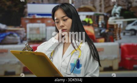 Woman doctor with stethoscope examining clipboard at construction site, displaying concern while wearing a uniform outdoors, embodying medical profess Stock Photo