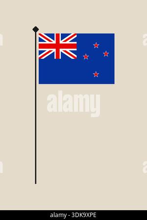 New Zealand National Flag Flying Proudly on a Flagpole Representing Patriotism and National Identity with a Simple Clean Design. Stock Vector