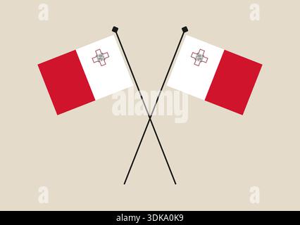 Two Crossed Malta National Flags Waving Proudly on a Clean Beige Background, Symbolizing Patriotism and Alliance.. Stock Vector