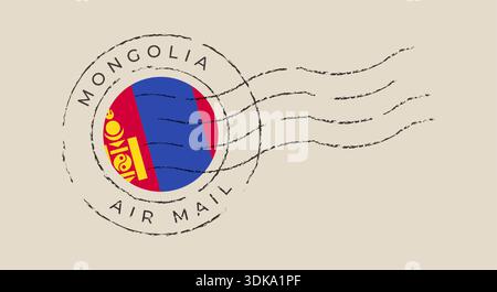 Mongolian Flag Air Mail Postmark Stamp with Vintage Distressed Texture on Beige Background for Travel Communication.. Stock Vector
