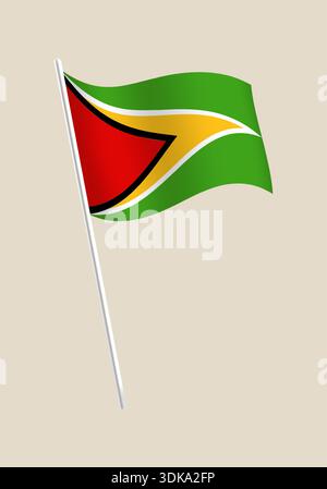 Vibrant Guyana Flag Waving on a Silver Pole, Symbolizing National Pride and Independence, Vector Art on Beige Background.. Stock Vector