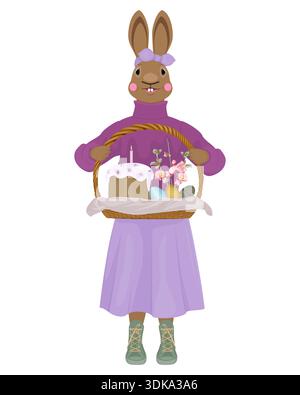 Bunny holding an Easter basket in its paws on a white background Stock Vector