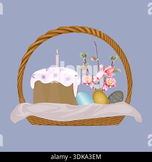 Easter basket with painted eggs, Easter cake, twigs, and a candle Stock Vector