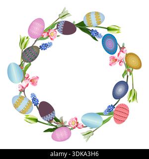 Wreath with Easter eggs and spring flowers on a white background Stock Vector