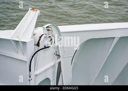 A white painted ship wall holds a metal device with wires and fittings, looking like a control or safety component, mounted to the panel for technical Stock Photo