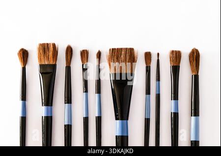 A variety of paint brushes in different sizes lined up on a white background Stock Photo