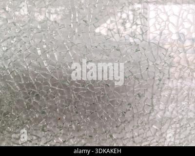 Close up detail of broken tempered glass surface with a complex web of cracks, abstract white and grey texture background. Stock Photo
