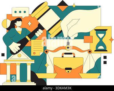 Law Firm Services Vector Illustration Featuring Justice, Legal Advice, Court Judgment, And Lawyer Consultation With Flat Cartoon Style Background Stock Vector