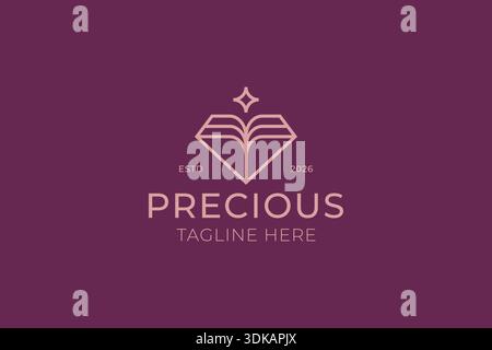 Precious Gemstone Book Brilliant Education Logo Jewelry Diamond Luxury Fashion Brand Identity Stock Vector