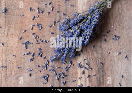A bunch of purple lavender on a wood table with flowers scattered around Stock Photo