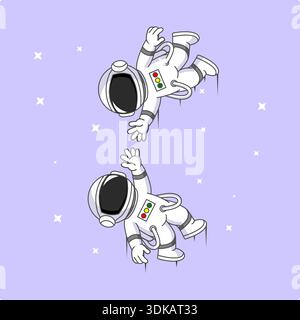 Two Astronauts Floating and Reaching Out in a Starry Space Vector Illustration Cartoon Design Stock Vector