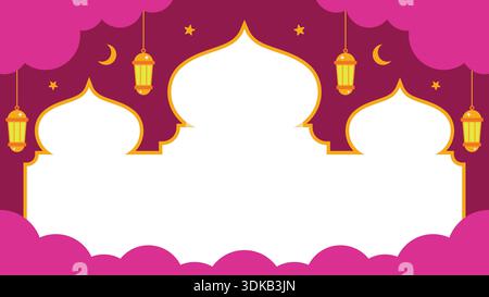 Playful pink Islamic horizontal template background featuring hanging lanterns, clouds, and mosque silhouette as a copy space for text. Stock Vector