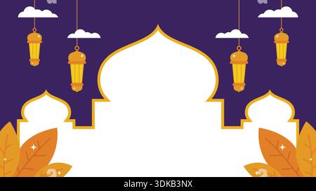 Islamic horizontal background featuring hanging lanterns and mosque dome as copy space for text on dark purple backdrop. Stock Vector