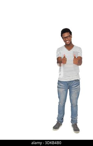 Adult African American man standing on white backdrop wearing glasses giving thumbs up, copy space. Portrait, advertising, minimal, fashion, studio, c Stock Photo