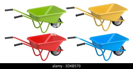 Set of colorful wheelbarrows in green, yellow, red and blue, isolated on white background, concept of construction tools. Stock Photo