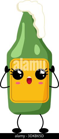 Funny kawaii beer bottle character with foam and happy face isolated on white background. Flat vector illustration for stickers party designs and food Stock Vector