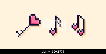 Pixel art Happy Valentine's Day pink elements. Key with heart and notes. Stock Vector