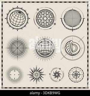 Collection of outline globes, spheres and compass symbol design Stock Vector