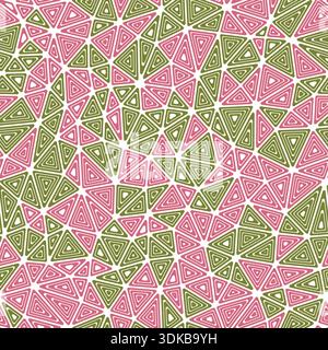 Mosaic triangles shapes background. Compact shape size. Multiple repeated inner triangles. Multiple colors style. Repeatable pattern. Stock Vector