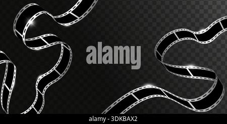 Long curvy silver filmstrips isolated on dark transparent background. Realistic silver film ribbons. Vector illustration Stock Vector