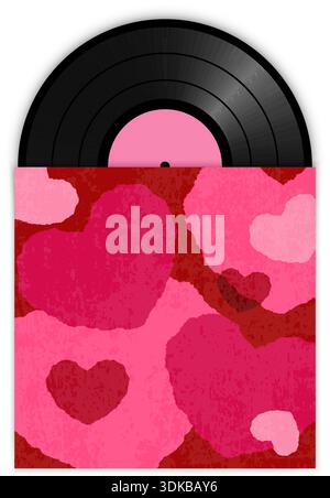Realistic vinyl record in romantic cover with heart pattern. Love concept. Vector illustration Stock Vector