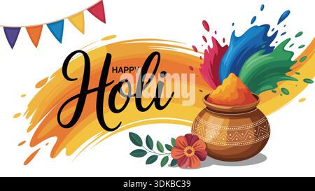 Happy holi festival illustration with traditional clay pot, vibrant gulal color splash, festive bunting and decorative elements celebrating indian fes Stock Vector