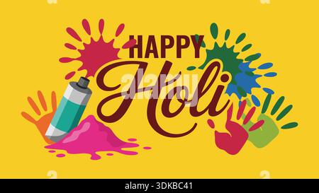 Happy holi colorful festival illustration with playful typography, paint splashes, spray bottle and handprint elements celebrating indian festival of Stock Vector